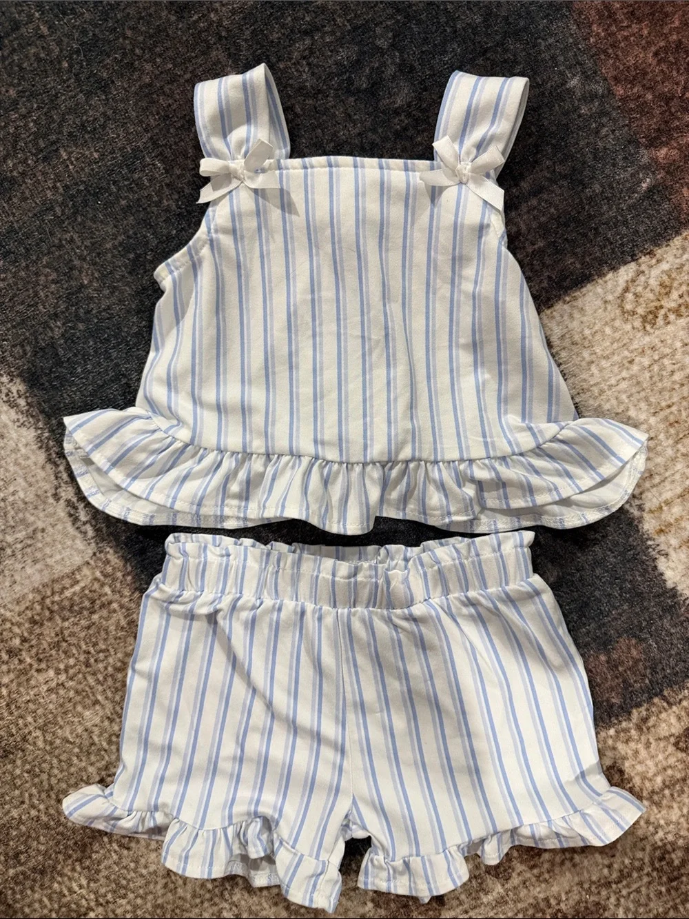 Little Lass White and Light Blue Striped Ruffle Shorts Set